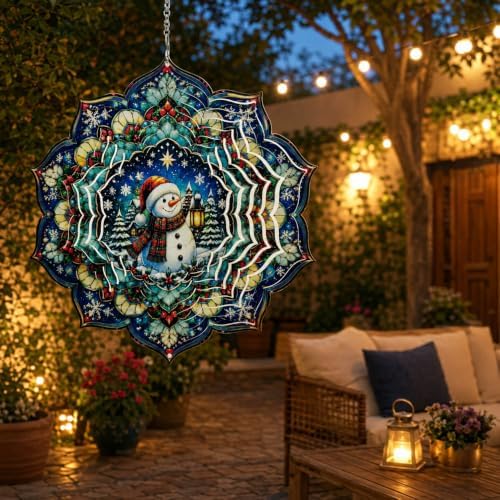Shwing 12 Inch Wind Spinner Hanging Wind Sculptures Christmas Snowman Metal Decor Double Sided Outdoor Kinetic Garden Art 3D Wind Spinner Hanging Ornament for Patio Porch Balcony Backyard Tree Decor - Image 4