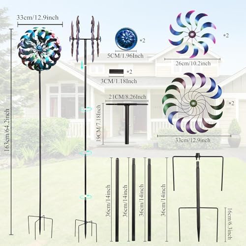 Wind Spinners Outdoor,64.2Inch 360°Rotating Crescent Windmill for Yard, Garden Wind Spinner with Blue Green Purple Gradient Blades, Weatherproof Metal Garden Decor - Image 3