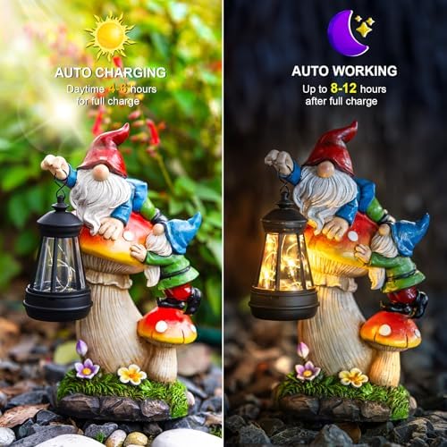 C&Y&G&X Solar Garden Gnome Statue with Lantern, Waterproof Mushroom Garden Decor, Resin Gnome Yard Art with Solar LED Lights for Outdoor Lawn Patio Porch, Gifts for Mom Grandma Garden Lovers - Image 2