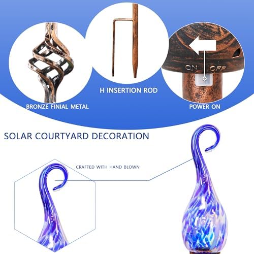Garden Solar Lights Outdoor, Decorative LED Pearlized Glass Spiral Garden Stake with Finial, Hand Blown Glass and Metal Outdoor Decoration, 3 x 36 Inch (Dark Blue) - Image 4
