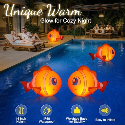 Floating Pool Lights Solar Powered, 16'' Inflatable Waterproof Clownfish Solar Pool Lights that Float, Auto On/Off LED Floating Lights for Pool Garden Backyard Outdoor Decoration - (4 Piece) - Image 3