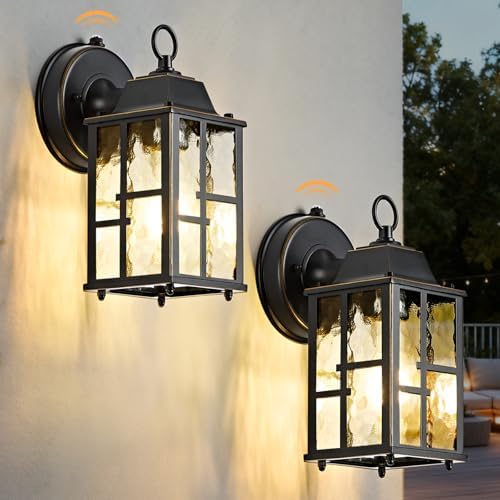 OKELI 2-Pack Dusk to Dawn Outdoor Wall Lights, Weatherproof Exterior Lighting Fixture Wall Mount, Aluminum Ripple Glass Porch Light, Anti-Rust Outside Wall Sconce for House, Garage(Black&Gold-Trim) by OKELI