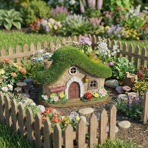 Resin Fairy House Statues with Solar Lights Outdoor for Garden Decor Funny Birds Ladybird Flocked Fairy House with Garden Figurine Patio Yard Lawn Decorations Gift for Mom Women (Green 1) - Image 4