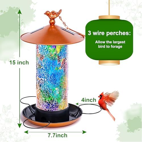 XDW-GIFTS Mosaic Solar Bird Feeder, Waterproof Lantern Shape with Hook & 4 LED Lights, Garden Decor for Lawn, Patio, Balcony, Yard Ornament - Unique Gifts for Mom,Women,Grandma,Bird Lovers - Image 3