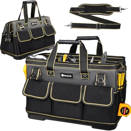 20 in Tool Bag For Men with Waterproof Molded Base, High Capacity Wide Mouth Tote, Construction Worker Electricians Tool Bags, Large Tool Bag Organizer for Men Women (Grey) by WILAXI+PRO