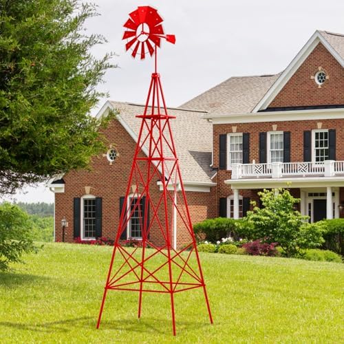 Goplus 8 ft Ornamental Windmill, All-Weather Metal Wind Mill w/ 4 Support Legs, Decorative Weathervane for Backyard, Garden, Farm, 4 Ground Stakes Included (Red) - Image 2