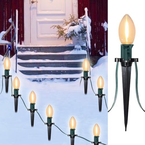 SUNSGNE C9 LED Christmas Pathway Lights Outdoor 38 Feet Sidewalk String Lights with Marker Stakes, 25 LED Clear Connectable Christmas Walkway Markers Lights for Outside Porch Garden Yard Lawn Decor by SUNSGNE