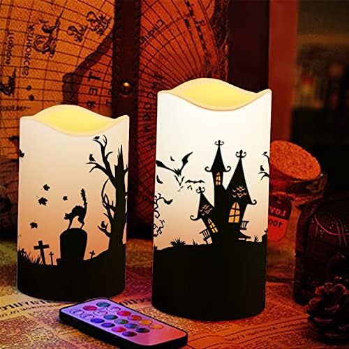 Halloween Flameless Candles with Remote Timer Real Wax Realistic Flickering Battery Operated LED Tealight Pillars with Pumpkin Castle Bat Spider Witch for Halloween Party Decorations - Image 5