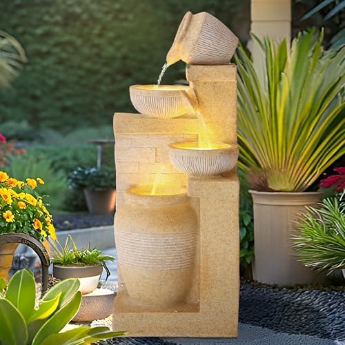 4-Tier Outdoor Indoor Water Feature Fountain, 32" H Indoor Cascading Waterfall with 3 LED Lights, Floor Standing Garden Fountain for Garden, Deck, Backyard, Patio, Yard (Yellow) by USSerenaY