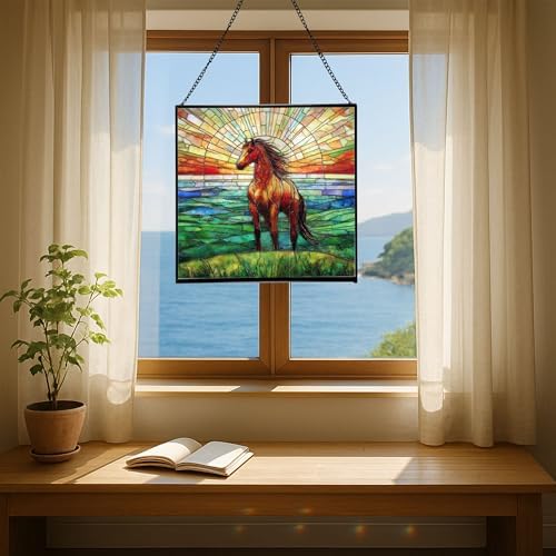 Bay Lusitano Horse Standing ATOP Hill at Sunset Square Suncatcher – Stained Glass Style Window Panel with Pastoral Scene, Custom Decorative Hanging Art for Equestrian Home, Christmas OoBNMO - Image 6