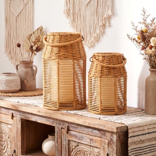 2 Pack Rattan Lanterns Boho Decor 10" 8", Handwoven Wicker Outdoor Patio Decor with Handle, Woven Lamp Shades for Home, Front Porch, Tabletop, Indoor Decoration - Image 6