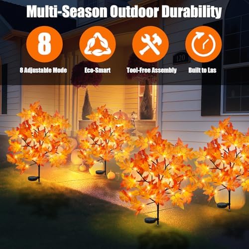 Uieke 4 Pack Solar Fall Lights Outdoor Decorative, 80LED Fall Solar Stake Lights Outdoor with 8 Modes & Timer Maple Leaf Pathway Lights Waterproof Thanksgiving Decorations for Yard Garden - Image 2