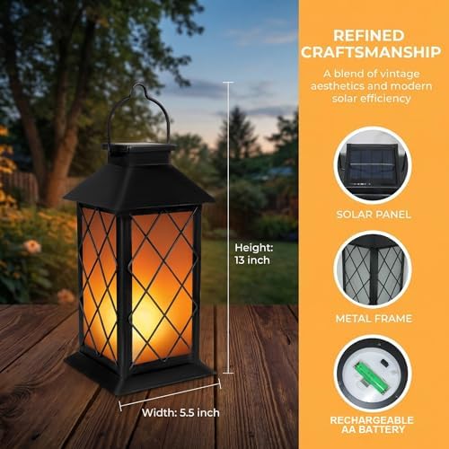 Solar Lanterns Outdoor Waterproof, 2 Pack 13" Metal & Glass Hanging Solar Lantern Lights, Cross Pattern IP46 Decorative Outdoor Solar Lanterns for Patio Table Yard Porch Garden Decor - Image 4