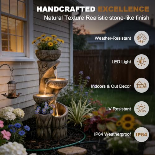 35.5" H Outdoor Water Fountain with Planter & LED Lights, Cascading Waterfall Garden Water Feature, Stone-Look Fountain for Patio Backyard Porch Decor - Image 3