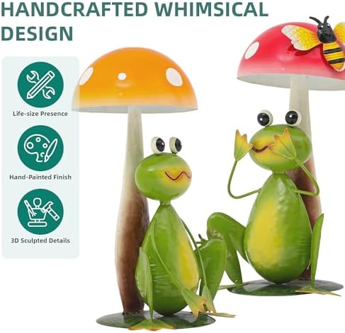 15.3" Metal Frog Garden Statue Set of 2, Handcrafted Mushroom Decor - Image 3