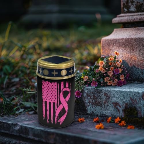 Poceacles Solar Outdoor Lights Solar Grave Lights Cemetery Candles Decorative LED Automatic Flameless Candle, Pink Ribbon American Flag, Pack of 2 - Image 3