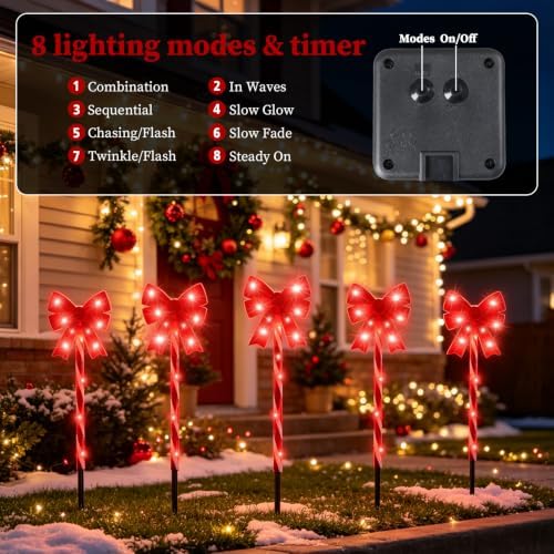 Solar 5PCS Christmas Bow Outdoor String Lights with Stakes Decor Red - Image 4