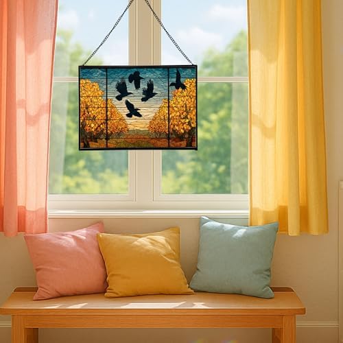 Crows Flying Over Autumn Orchard Rectangular Stained Glass Suncatcher – Hanging Window Panel with Animal & Nature Scene – Vibrant Glass Art Gift for Wildlife, Fantasy, Nature Lovers 90NTOm - Image 5