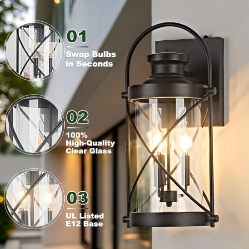 22inch Large Dusk to Dawn Outdoor Wall Lights Fixtures, Waterproof Exterior Lighting Fixtures with Photocell Sensor,Vintage Black Metal Cage Lantern Outside Lights for Porch Patio House Garage（2 Pack） - Image 5