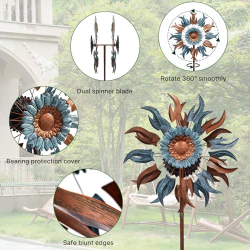 Wind Spinners Outdoor, 84" Large Metal Kinetic Wind Sculptures for Garden, Classic Yard Art with 2 Piece Welcome Flag Decoration - Image 4