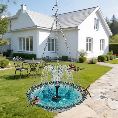 Solar Cascade Hanging Bird Bath Fountain,Outdoor Hanging Bird Bath with Solar Powered Water Pump,Decorative Water Feature for Garden Patio Yard,Perfect for Hummingbirds&Wild Birds (Blueb) - Image 7
