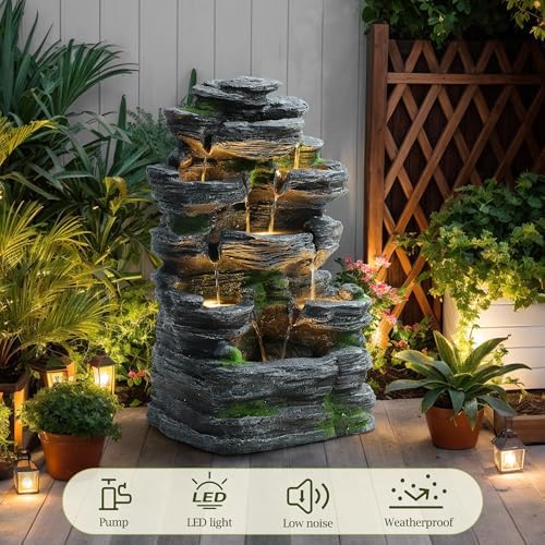 Rock Outdoor Water Fountain, 7 Tiered Waterfall Fountains with LED Lights, Floor Waterfalls Outside, Modern Cascading Flow Rock Fountain for Garden, Yard, Patio, Home Decor - Image 5