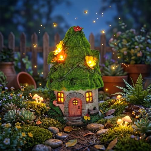 COWOS Solar Powered Mossy Fairy Cottage with LED Lights - Resin Miniature Garden House, Waterproof Outdoor Statue for Patio, Yard, Lawn, Gift for Garden Lovers & Kids - Image 3