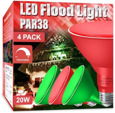 Gonhom PAR38 Flood Lights Outdoor,Dimmable LED Flood Light Bulbs,20W(Equivalent to 200W),E26 Base,Outdoor Porch,Holiday Lighting,LED Flood Light Bulb for Halloween,Christmas,4 Pack Red Green by Gonhom