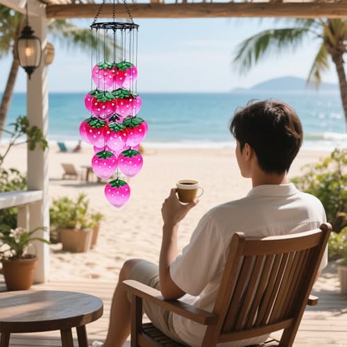 Glass Strawberry Wind Chimes - Hand-Painted Glass Strawberry Suncatcher for Window,Outdoor Garden Decor,Colorful Strawberry Ornaments Hanging Wall Art for Patio,Unique Memorial Gifts for Women & Mom - Image 6