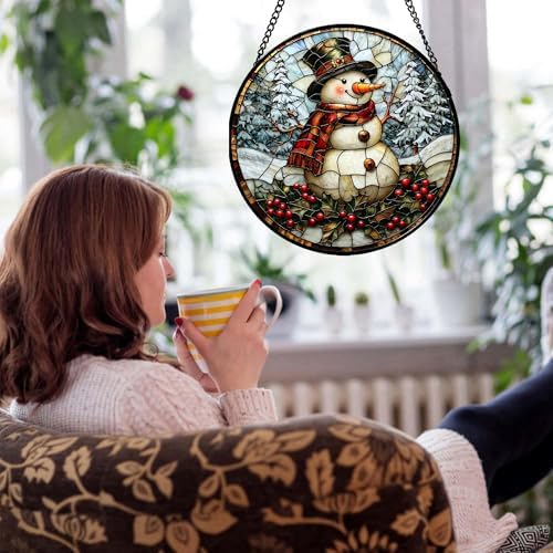 Stained Glass Window Hanging - Christmas Snowman Suncatcher for Door Terrace Garden Home Decor Winter Forest Snow Sun Catcher Birthday Gifts for Lovers Women Men Dad Mom Nana 11.8 in - Image 2