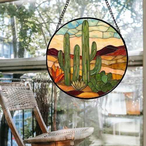 Stained Glass Window Hanging, Green Cactus Sun Catcher for Door Terrace Garden Home Decor, Abstract Desert Landscape Suncatcher Birthday Gifts for Lovers Women Men Dad Mom Nana 11.8 in - Image 4