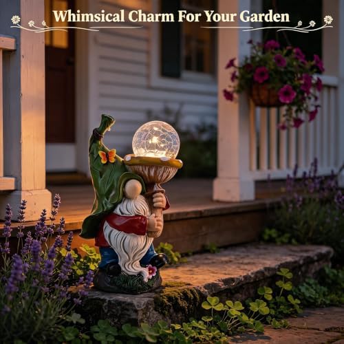 Solar Lights Outdoor Gnome Mushroom, Crackle Glass Statue, Garden Decor - Image 2