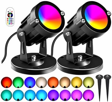 RGBW 8W LED Spotlight with Remote, 16 Color Changing Landscape Lighting for Outdoor Indoor, 120V Plug-in & 6FT Cord, Spotlight Flag Light for Garden Tree (2) by Agdjasa