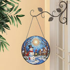 Snowman Holding Lantern Near Winter Houses Stained Glass Suncatcher 12in - Image 2