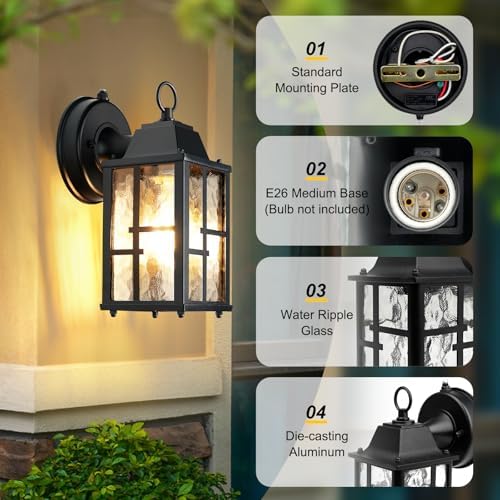 OKELI Dusk to Dawn Outdoor Wall Lights, Exterior Waterproof Lantern, Front Porch Sconce Lighting with Water Ripple Glass Shade, Anti-Rust Wall Lamps Outside Lights for Garage (Black-SIZE-S-2pack) - Image 4