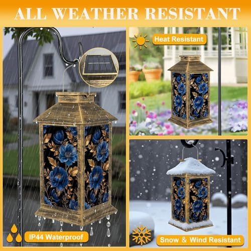 Solar Lantern Outdoor Garden Hanging Lantern Elegant Blue Gold Floral Black Waterproof Solar Powered Lighting Outside Table Lamp for Patio Deck Yard Camping - Image 3