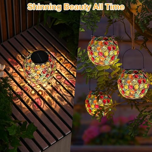 Uspring 2 Pack Red & Blue Crystal Mosaic Solar Lanterns Outdoor Waterproof Decorative Hanging Solar Lights for Outside - Image 4