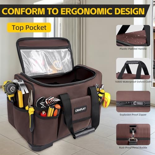 19-Inch Tool Bags For Men Heavy Duty, 29 Pockets Large Tool Organizer Bag with Hard Plastic Bottom & Waterproof Oxford, Electrician Tool Bag for HVAC Mechanic Contractor Construction Work - Image 4