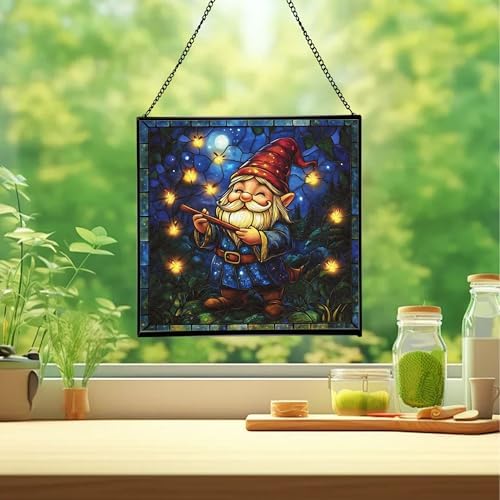 Firefly Song Gnome Stained Glass Suncatcher – Square Hanging Window Panel for Home or Greenhouse – Whimsical Glass Art Gift for Garden Lovers, Christmas, Halloween, Father Days tuXz8P - Image 2