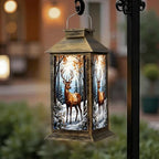 Solar Lantern Outdoor Waterproof Majestic Stag Winter Forest Autumn Leaves Stained Glass Garden Decor LED Hanging Solar Lights Tabletop Lamp Gifts for Women Mom Outside Yard Patio Porch by DERUINVAIO
