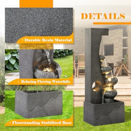 Water Fountain Outdoor, 5-Tier Cascading Bowl Waterfall Fountain, Large Water Feature with 5 LED Lights, 39" Modern Indoor Floor-Standing Garden Fountain for Patio, Backyard, Porch - Image 3