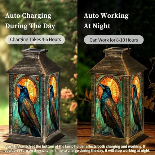 Solar Lantern Stained Glass Raven Vibrant Feathers Golden Sun Wildlife Art Outdoor Waterproof Hanging Solar Light Outside Lights for Patio Yard House Lawn Decor Birthday Gifts for Women Mom - Image 4