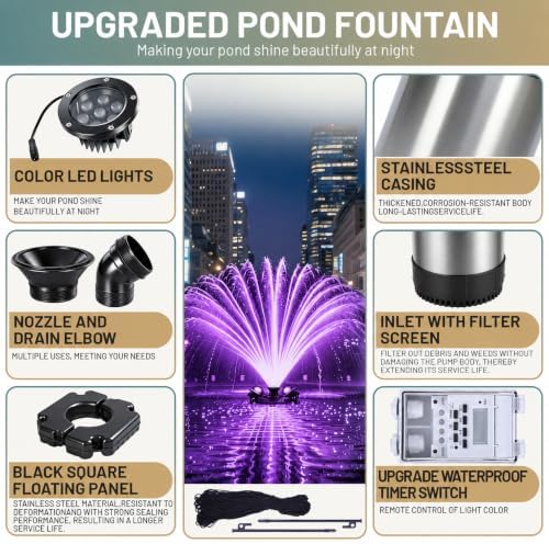 Pond Fountain Aerator with Lights,with 4 RGB Lights,10 Light Modes,750W 15000GPH 1HP 110V,Stainless Steel Floating Pond Fountain with 100FT Power Cord,Timer,Pond Fountains for Small Large Ponds,Lakes - Image 5
