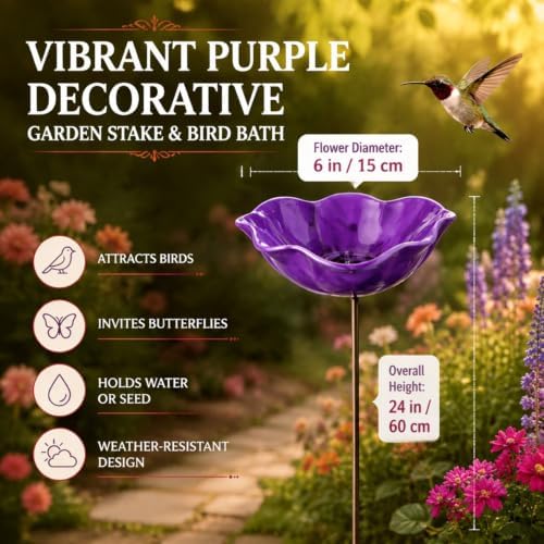 Handmade Metal Flower Bird Bath, Bee & Butterfly Watering Station, Decorative Outdoor Garden Stake with Vibrant Glossy Bowl for Yard Patio Lawn Planter - Image 2
