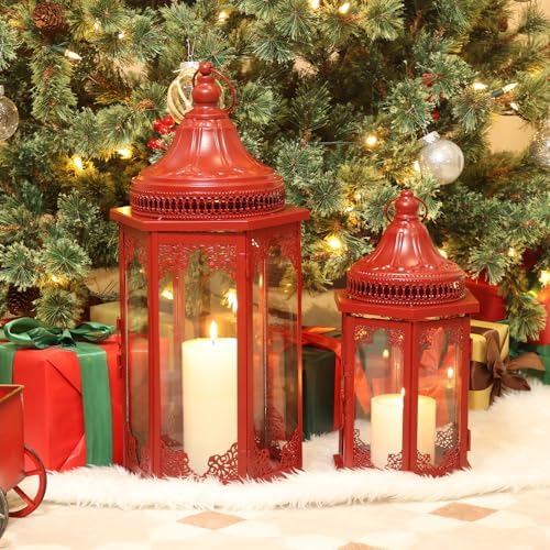 NEEDOMO Decorations for Home, 22''/15'' Set of 2 Lanterns with Glass Panels for Home Decor, Decorative Hanging Lantern Indoor Outdoor for Xmas Table Centerpieces, Porch, Patio(Red) - Image 4