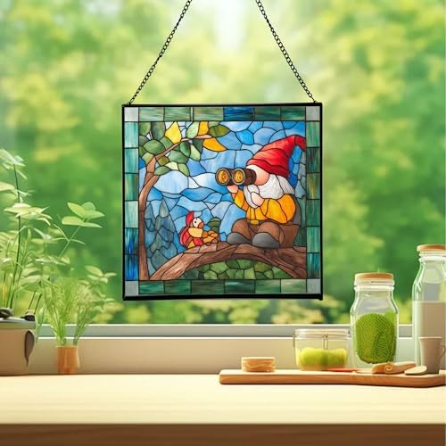 Gnome with Bird Watching Stained Glass Suncatcher – Square Hanging Window Panel for Home, Garden, Nursery, Halloween, Christmas, Memorial Day – Whimsical Glass Art Gift for Gnome Lovers yhkgtd - Image 2