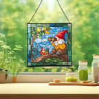 Gnome with Bird Watching Stained Glass Suncatcher – Square Hanging Window Panel for Home, Garden, Nursery, Halloween, Christmas, Memorial Day – Whimsical Glass Art Gift for Gnome Lovers yhkgtd - Image 2