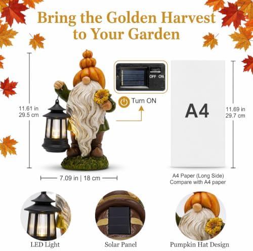TERESA'S COLLECTIONS Fall Outdoor Decor Pumpkin Gnome Solar Statue 11.6" - Image 2