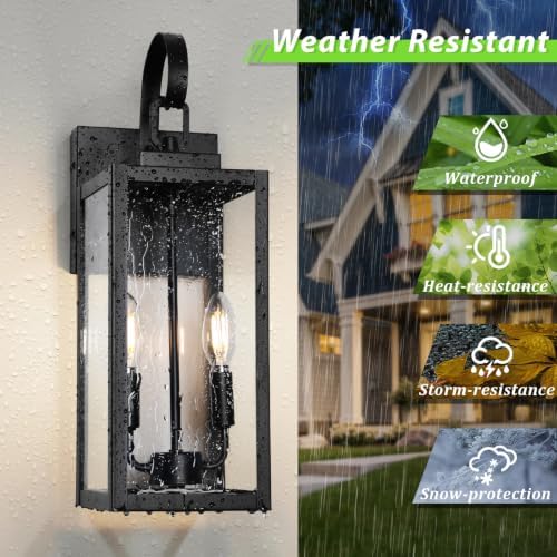BesLowe 18" Large Outdoor Wall Lights, 2-Light Black Exterior Sconces - Image 2