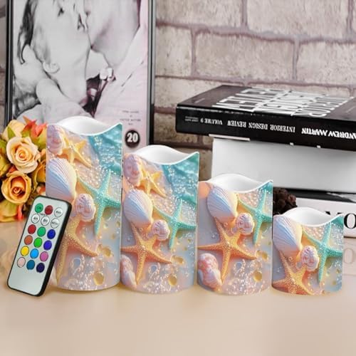Beach Shell Starfish Flameless Candle with Remote Control Electric LED Pillar Candle Timer Color Changing Long Lasting 4 Pcs Battery Candles - Image 4